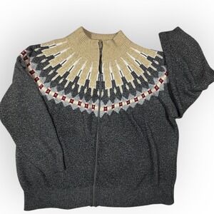 North Crest‎ Women's 4X Fair Isle Zip Up Sweater Cardigan Tan Grey Comfy Nordic